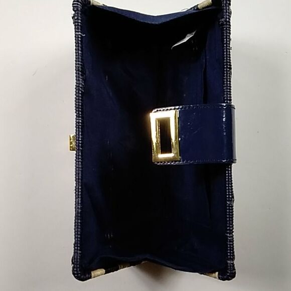 J CREW FACTORY HAVANA NAVY BLUE AND NATURAL WICKER STRAW CLUTCH EVENING BAG - Picture 9 of 16